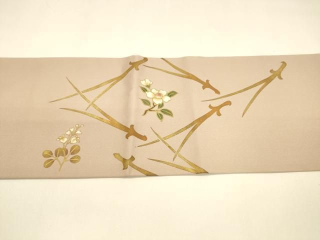 平和屋着物○塩瀬 九寸名古屋帯 草花松葉文 金彩 正絹 逸品 DAAY8218cm