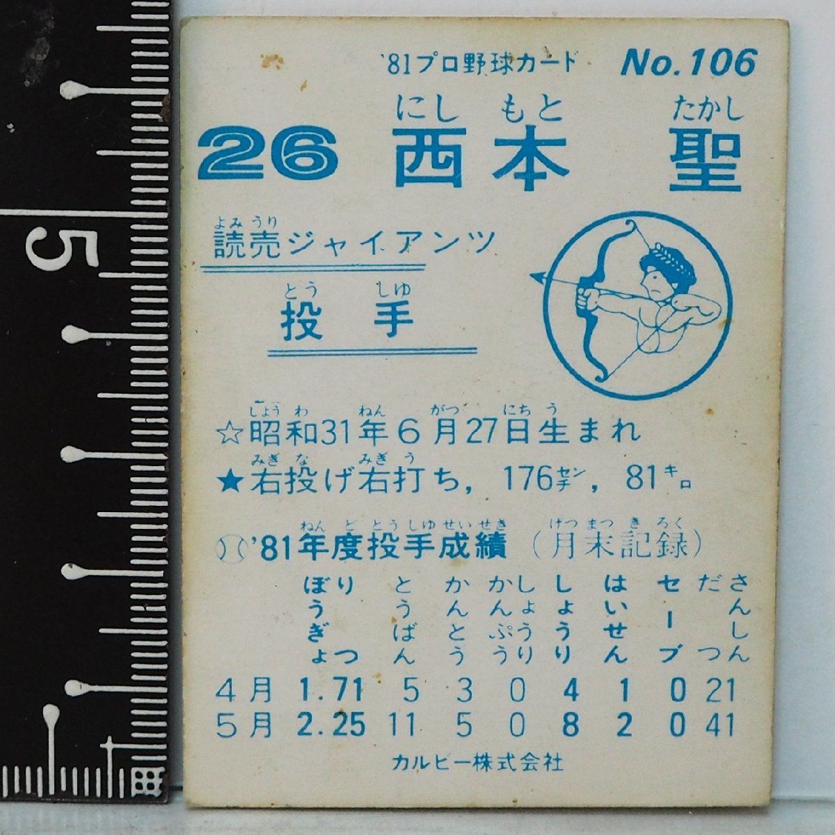 81年 カルビー プロ野球カード No.106【西本 聖 投手 読売ジャイアンツ