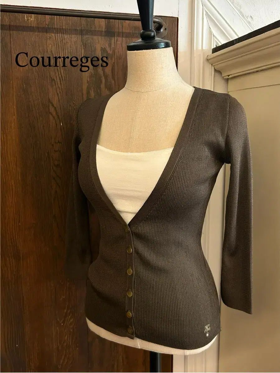 Courreges クレージュ カーキ リブ カーディガン