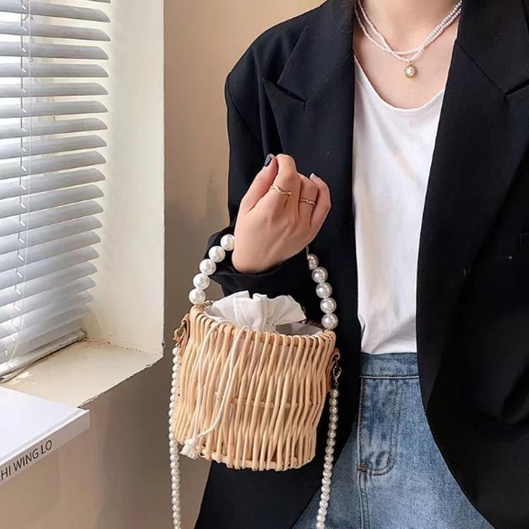かごバッグ バケツ型 巾着 内袋 レディース カゴバッグ 編み柳 パール 持ち手 ショルダー バッグ 小さめ 大容量 自立 軽量 2way 手提げ 籠バッグ 巾着袋 耐水 浴衣 花火大会 お kongban359