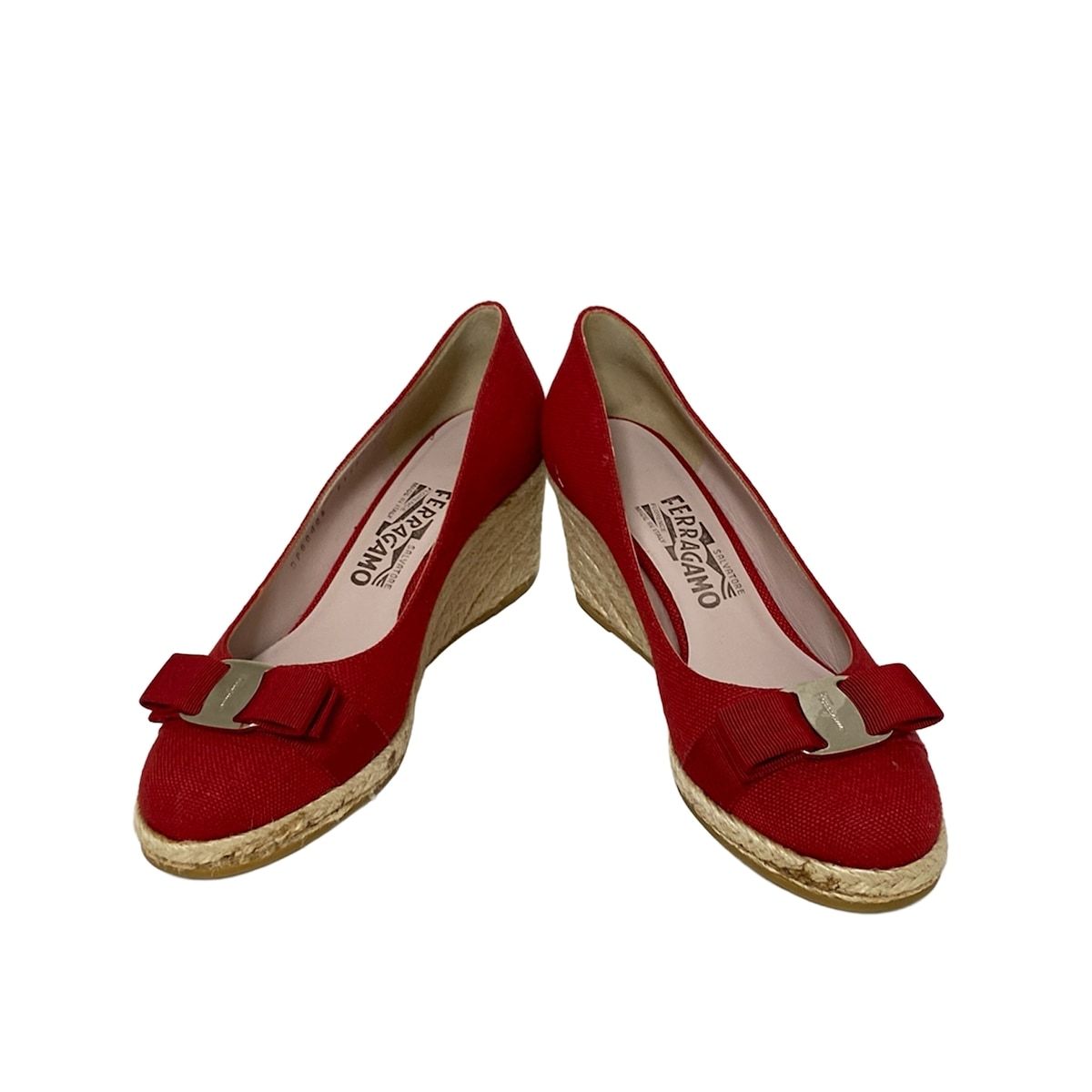 サルバトーレフェラガモ シューズ 7 1 2 C レディース - レッド×ベージュ リボン ヴァラ DARLY ウェッジソール リネン
