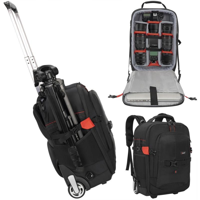 TORIBIO 2-in-1ローリングカメラバックパック トロリーケース カメラ 機内持ち込み PC収納 三脚 望遠レンズ 防水 仕切り調整 耐久性 耐衝撃性 取り外し なパッド付きコンパー