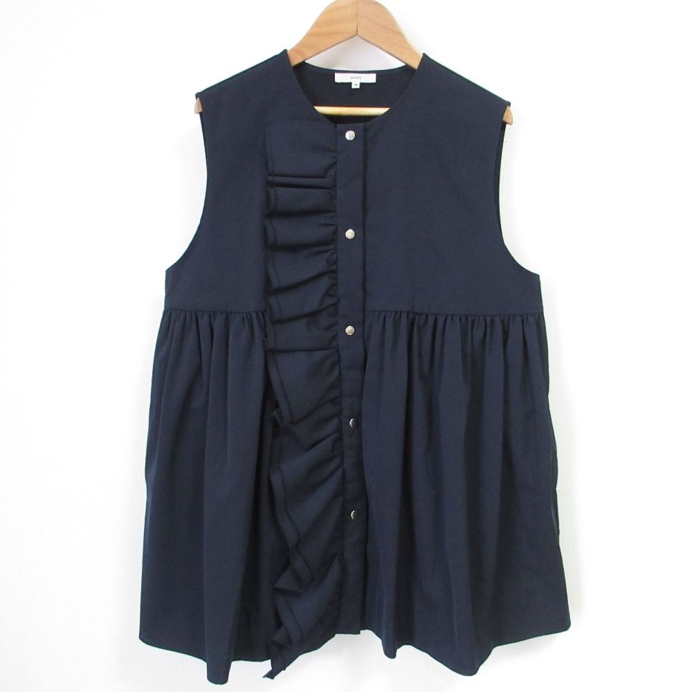 22SS yori ヨリ ダブルクロスギャザーフリルジレ ノースリーブブラウス 38 ネイビー レディース 古着