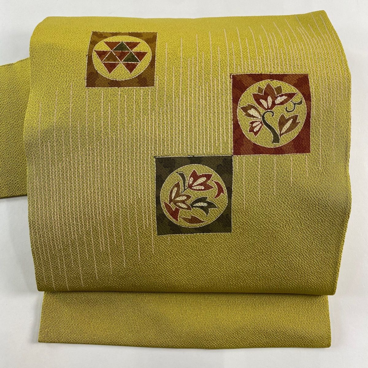 名古屋帯 秀品 葉柄 縞 縮緬 からし色 正絹