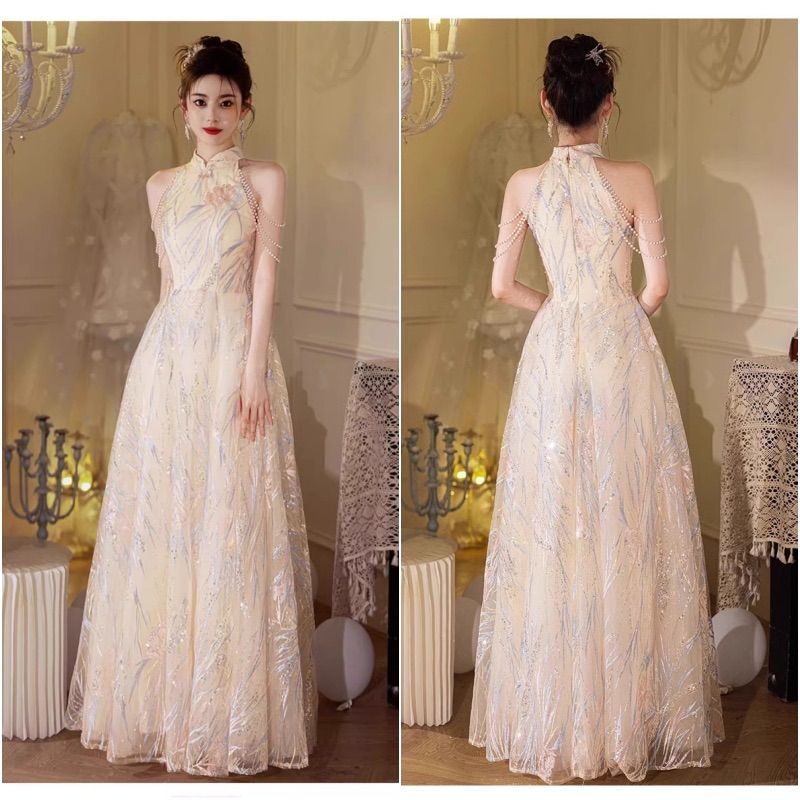 ホルターネック L ウェディングドレス パール スパンコール ロングドレス イブニングドレス 前撮り 二次会 発表会 演奏会 花嫁 披露宴 韓国風 感 Aライン ベージュ ピンク シャンパン pipsセレクト