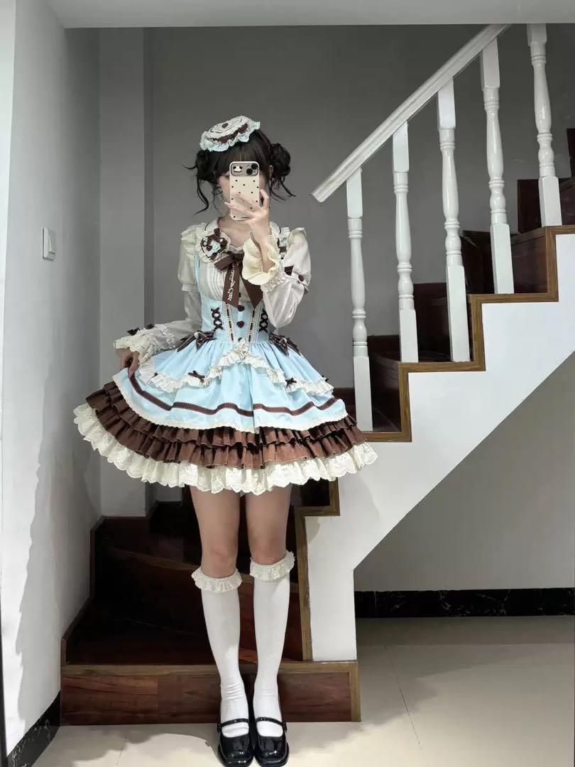 【ロリータ】チョコミント配色JSK♪ブラウス付き✨水色×ブラウンが可愛い 新品未使用【ロリータ】チョコミント配色JSK♪ブラウス付き 水色