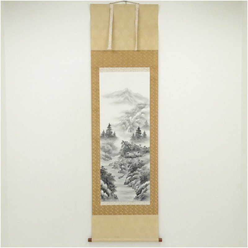 音石筆 水墨山水 肉筆絹本掛軸 掛け軸 床の間 書 おしゃれ 絵画