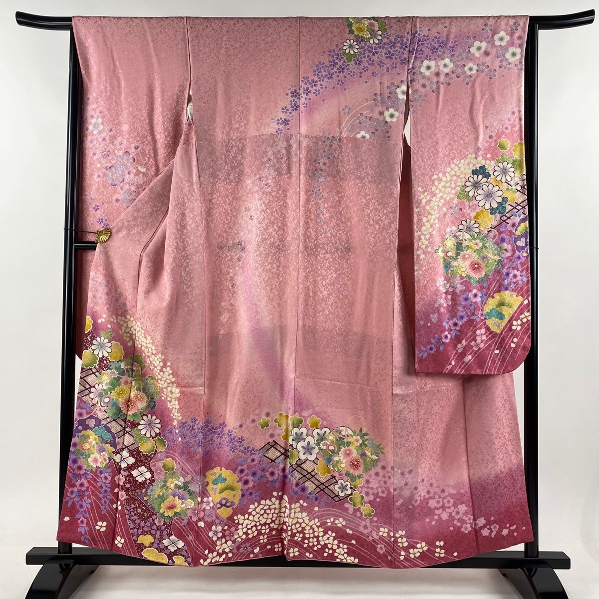 振袖 身丈156.5cm 裄丈65cm M 袷 花鼓 雪輪 金糸 金通し ピンク 正絹