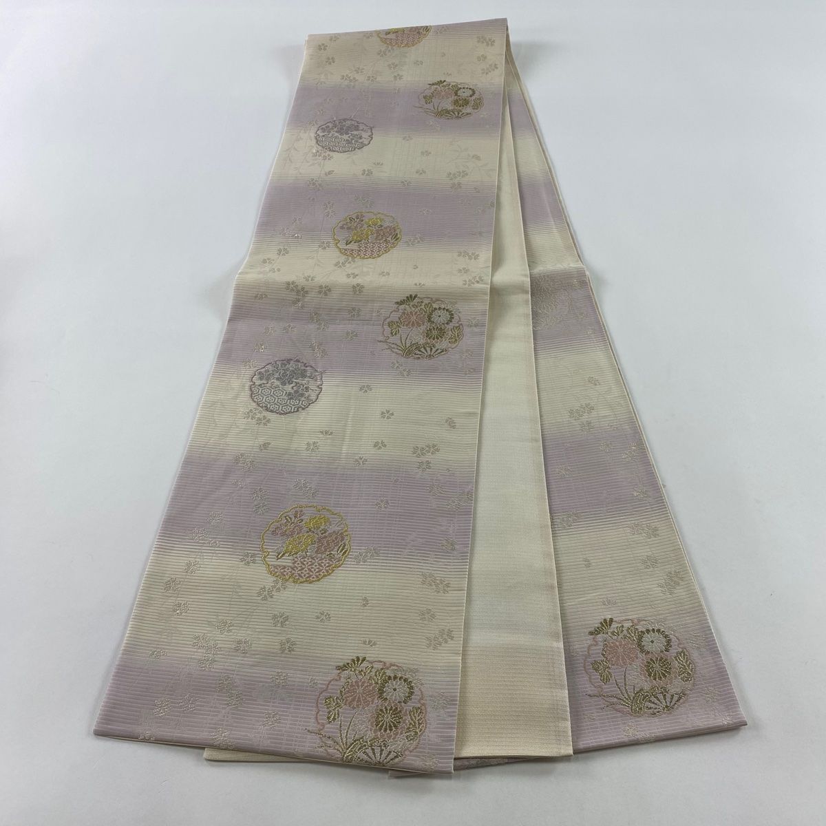 袋帯 美品 秀品 絽 雪輪 草花 金銀糸 クリーム お太鼓柄 正絹