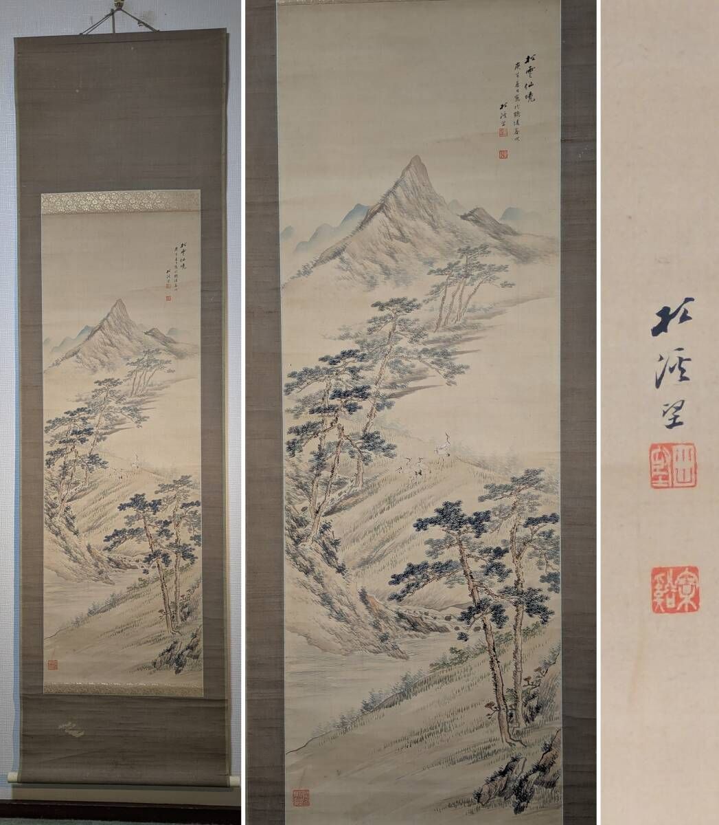 真作 掛軸 山水図 松林と渓谷の情景 南画文人画 合箱入 T91