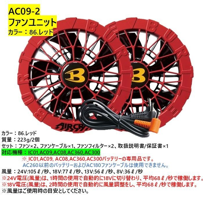 バートル ファンユニット AC09-2 ファン BURTLE 空調服 レッド完売