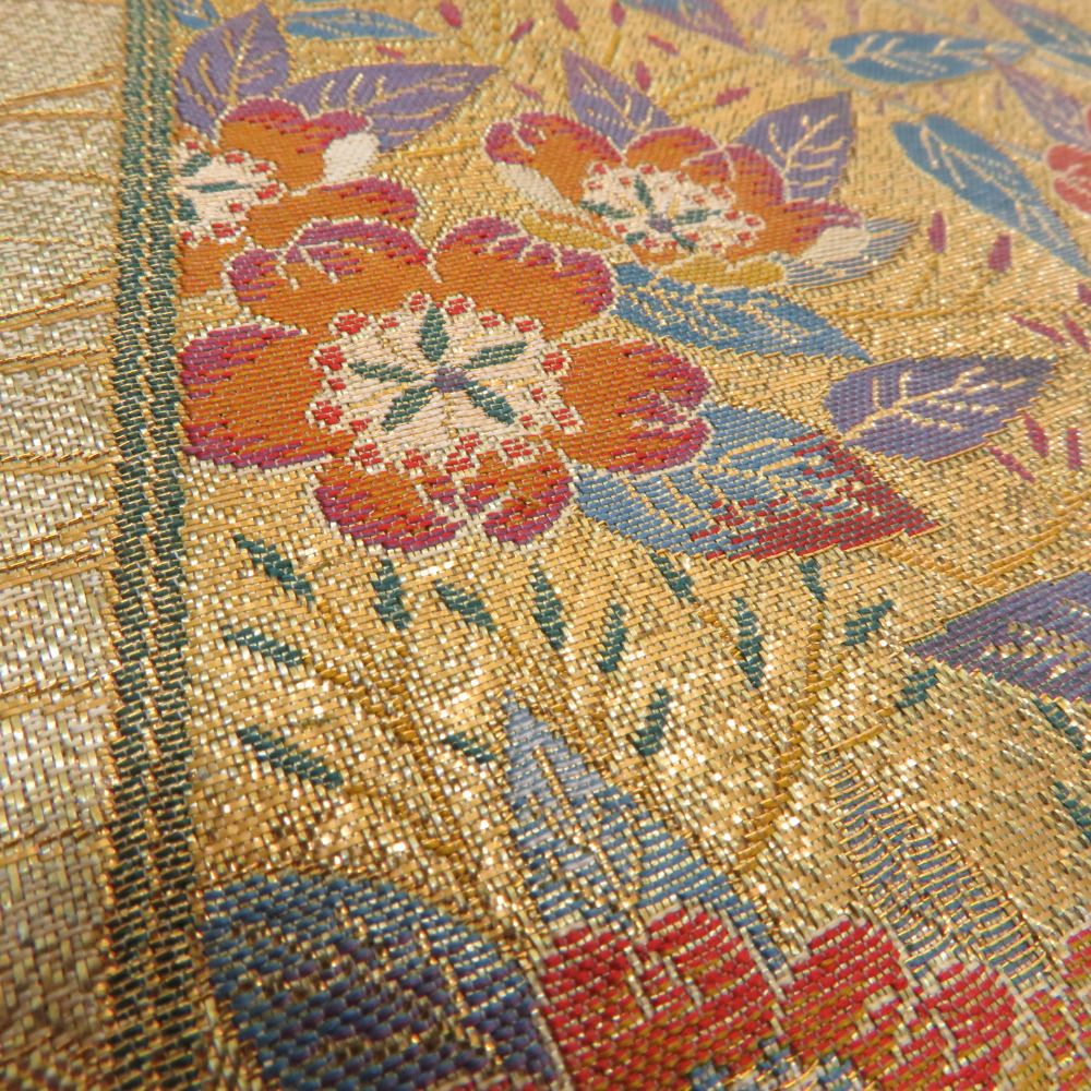 袋帯 ゴールドx多色 花鳥風月模様 金糸銀糸 六通柄 正絹 仕立て上がり