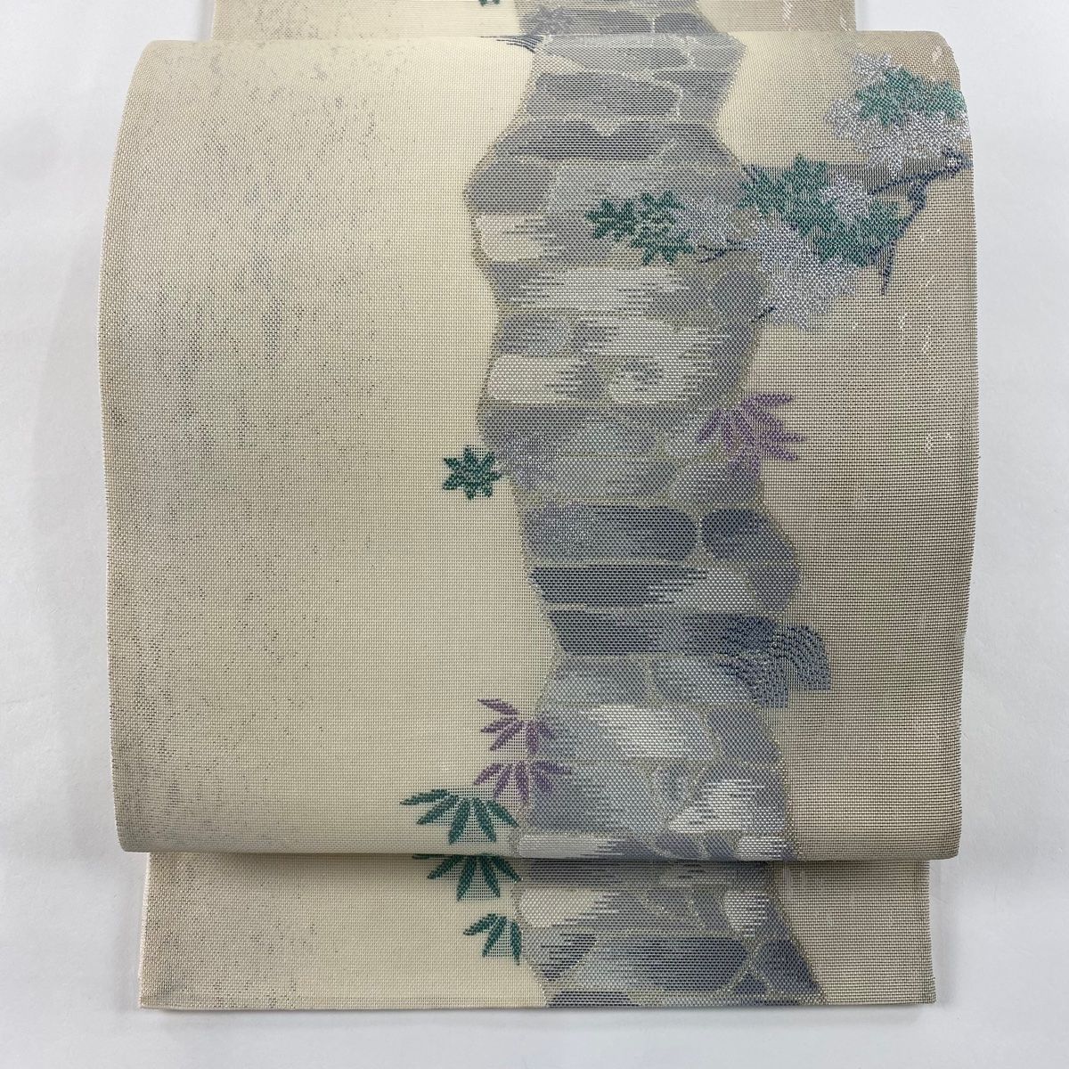 袋帯 夏帯 石畳 楓 銀糸 クリーム 六通 正絹