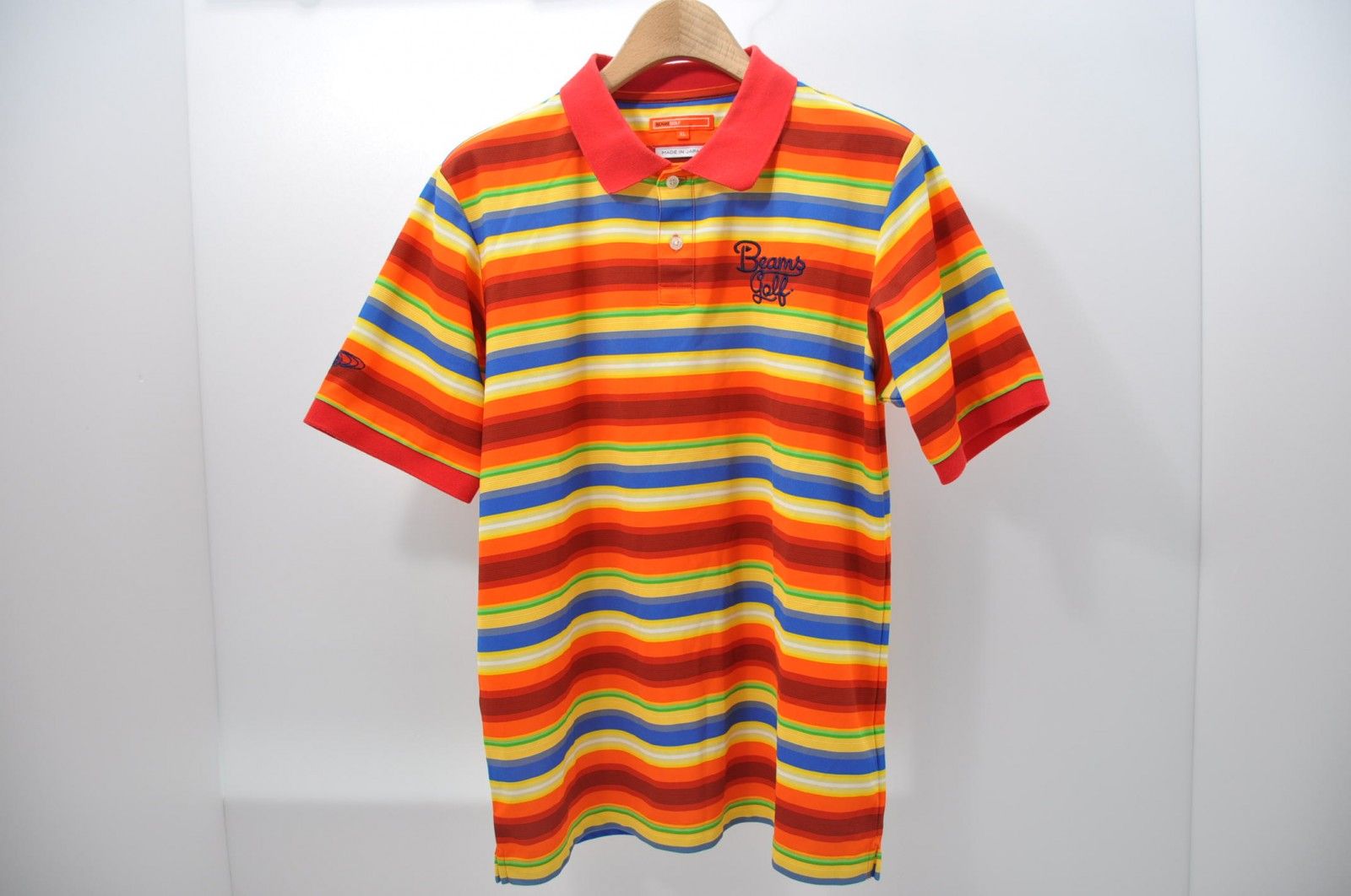 中古 メンズ ビームスゴルフ BEAMSGOLF 半袖ポロシャツ XL 赤×マルチカラー マルチボーダー