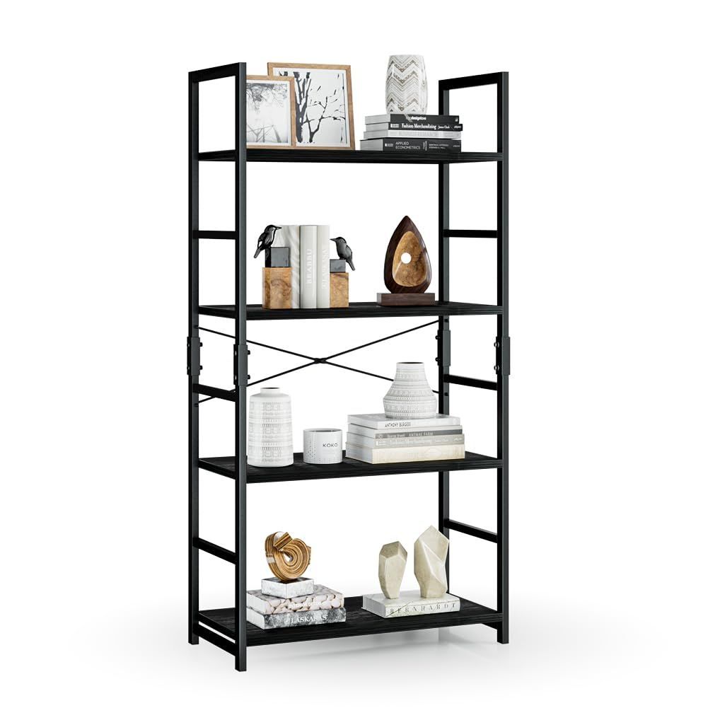 在庫処分 APPOLYN オープンシェルフラック 4段本棚 フリーラック棚 多機能収納ラック 幅60×深さ30×高120cm 木製ラック 寢室 リビングルーム ホームオフィスなどで使用できます 黒