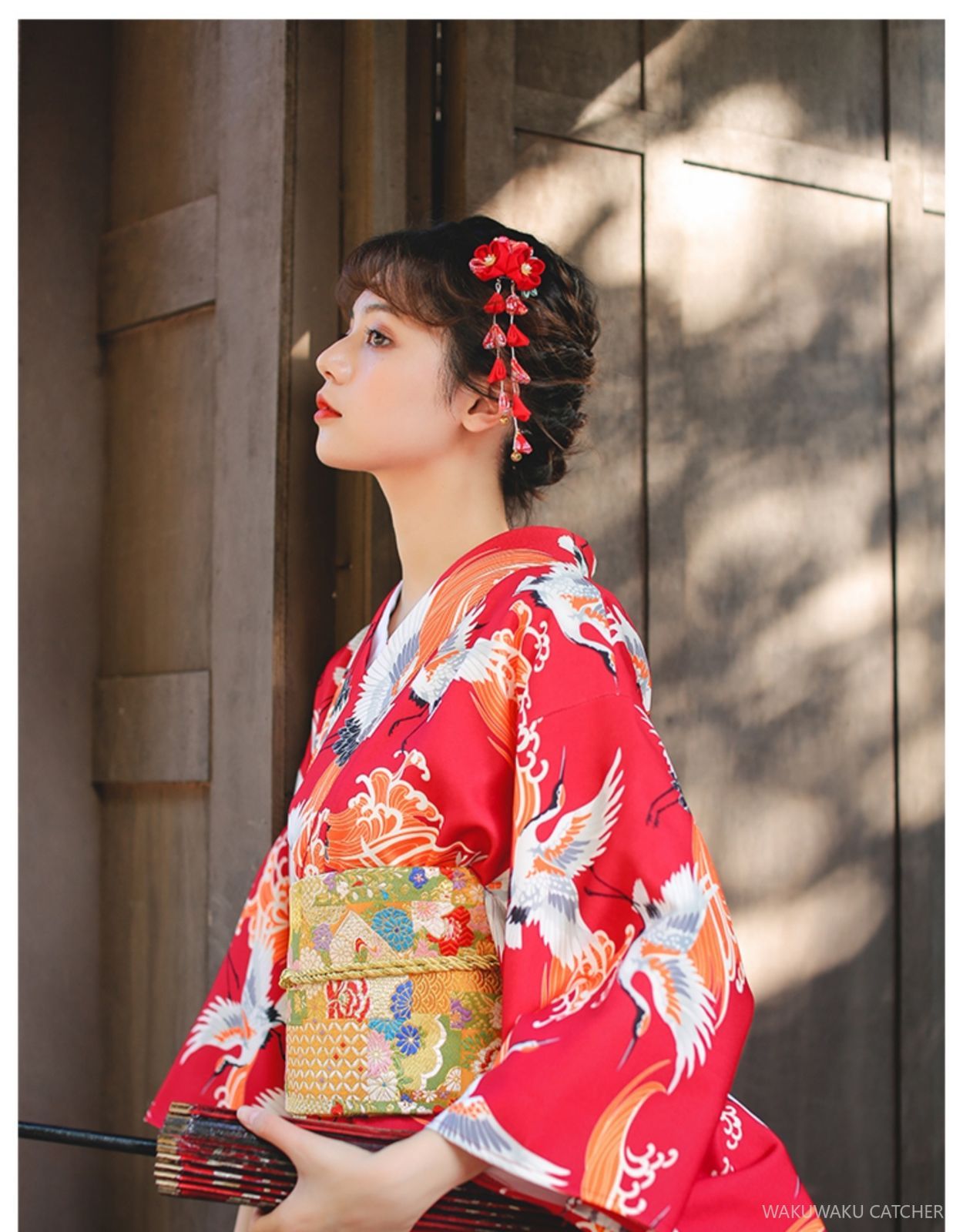 着物 振袖 赤 鶴 着物 長袖 リメイク シンプル可愛い レトロ
