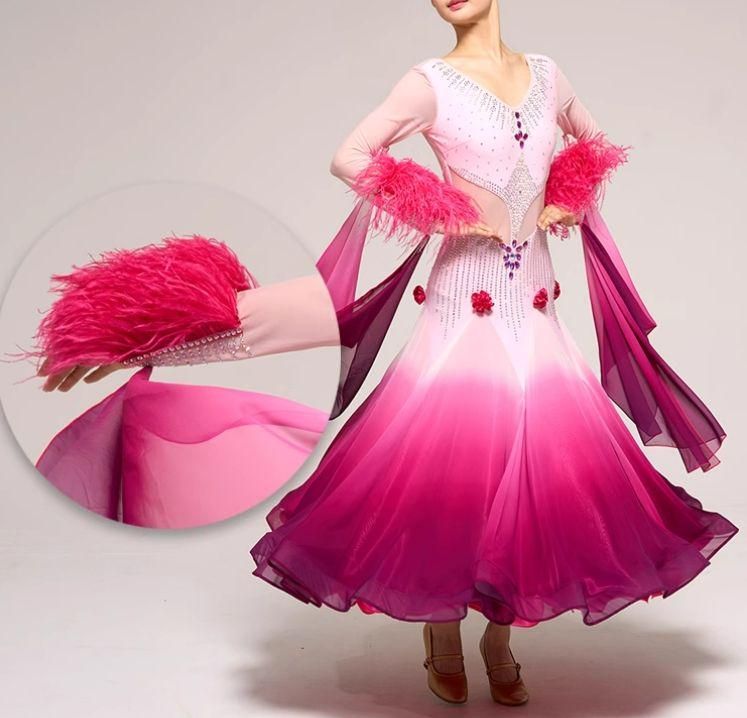 オーダーメイド 社交ダンス衣装 羽根フロート スタンダードドレス 透け