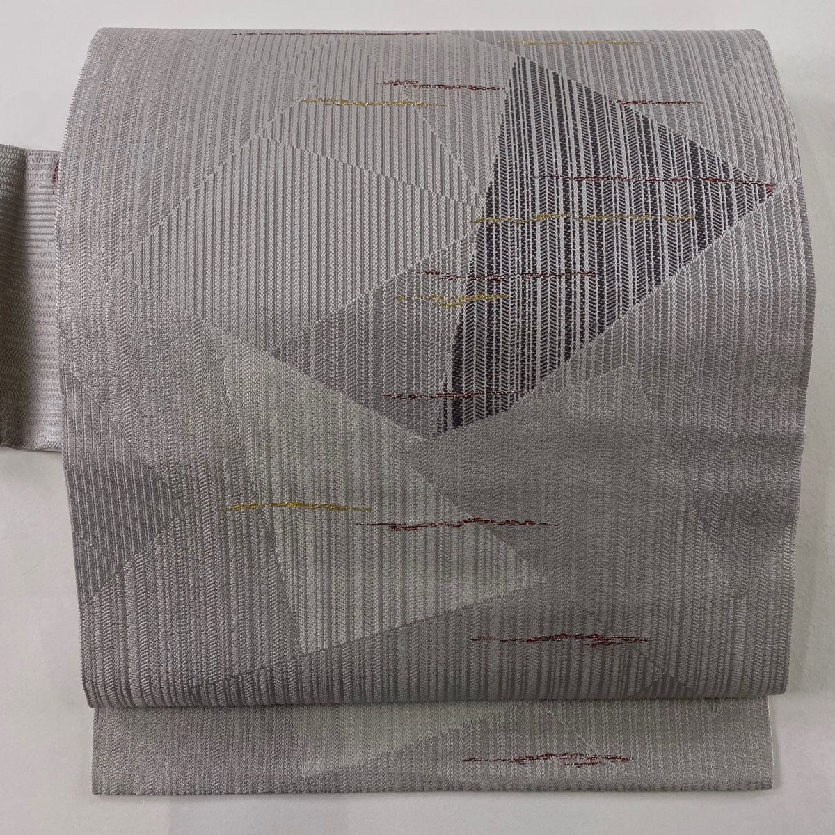 名古屋帯 秀品 縞 寄せ柄 箔 灰紫 正絹