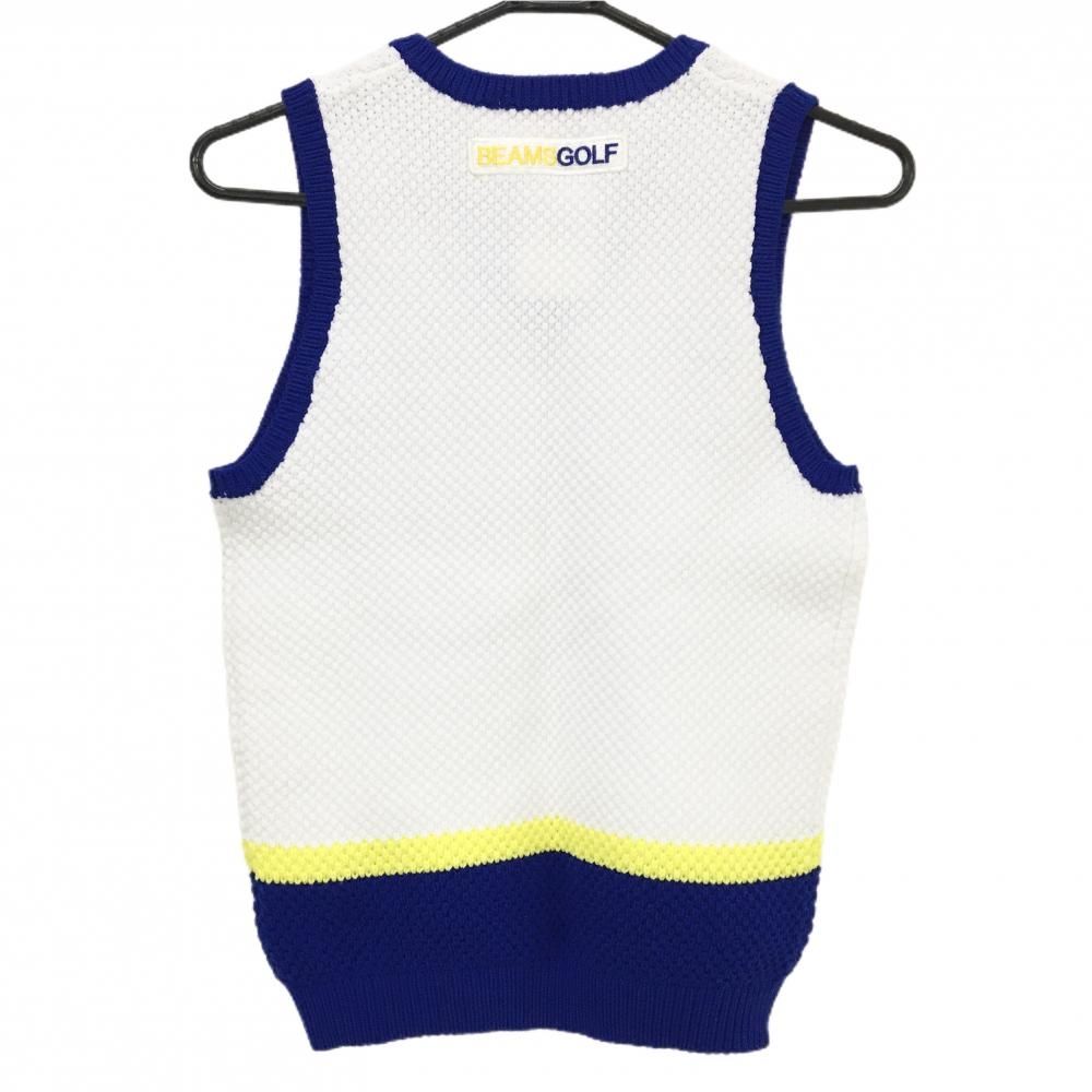 ビームスゴルフ ニットベスト 白×ブルー×イエロー 胸ロゴ Vネック レディース M ゴルフウェア BEAMS GOLF