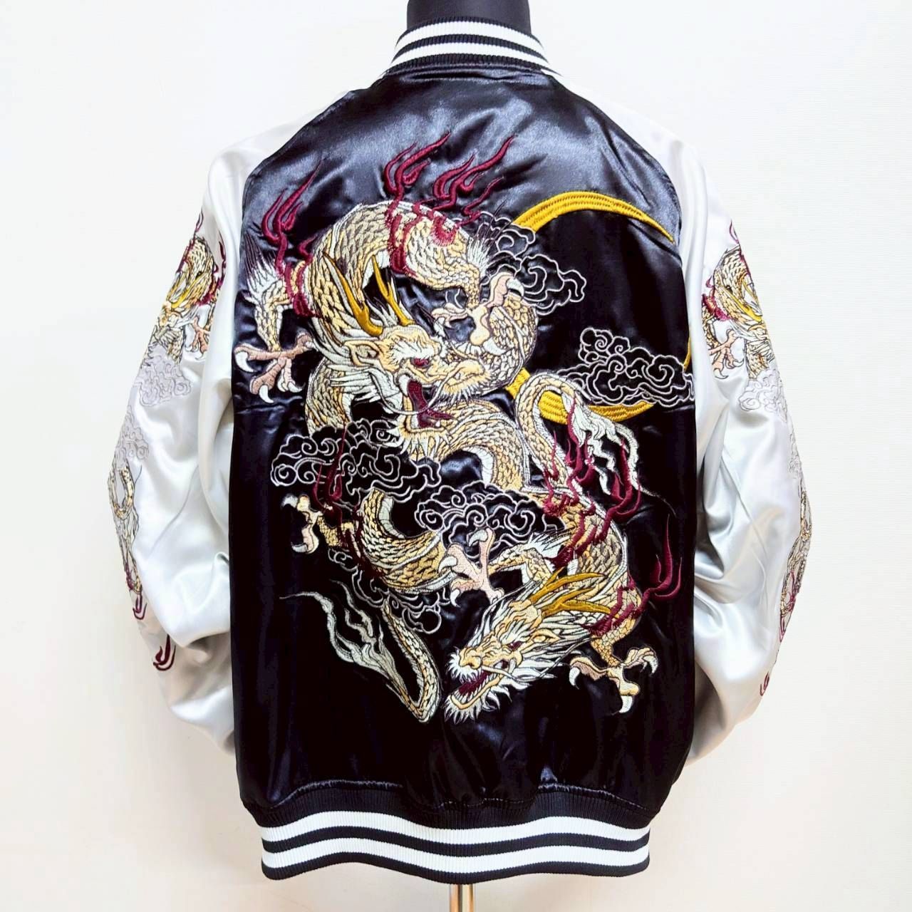 ☆【朧 -OBORO-/双龍 龍 袖龍/スカジャン サテン/総刺繍】長袖