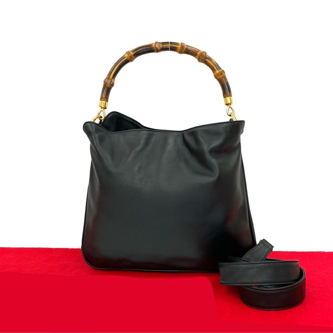 美品✨GUCCI オールドグッチ 2way バンブー バッグ ショルダー 黒 GUCCI オールドグッチ バンブーレザーバッグ 2wayショルダー付き