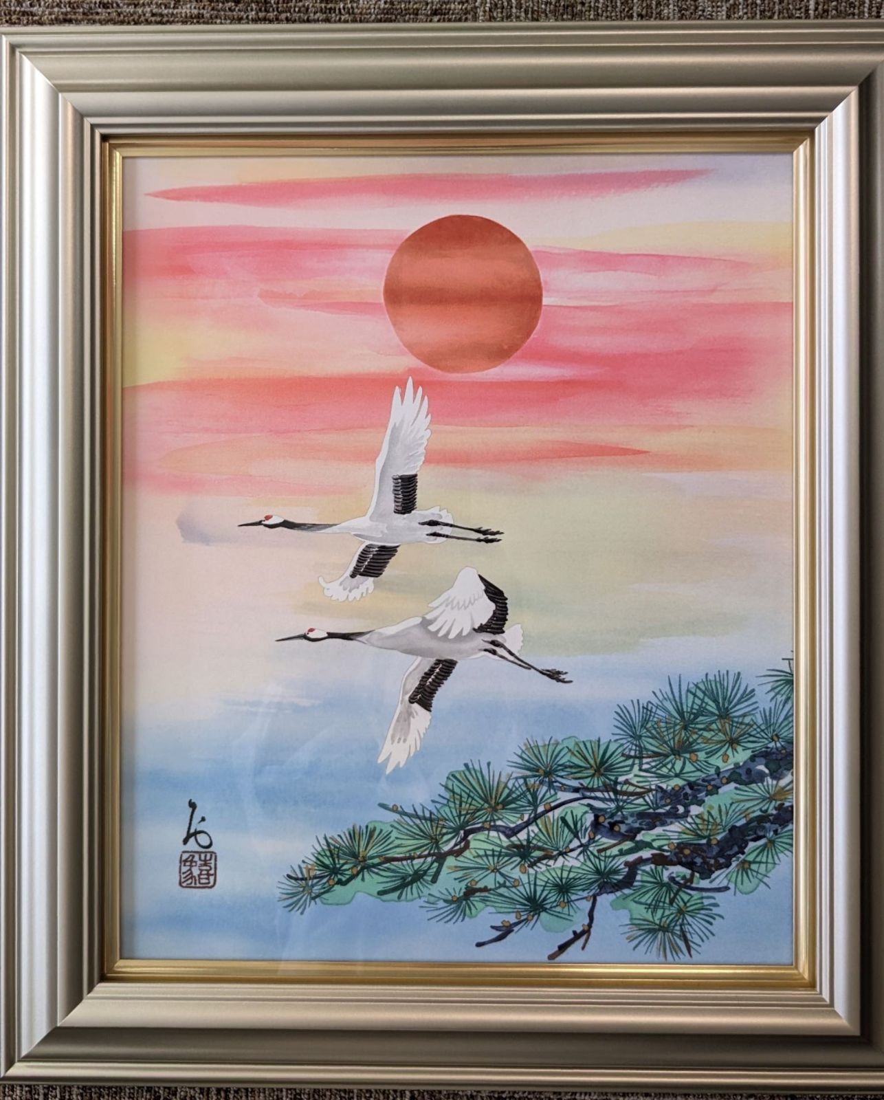 絵画 小野 喜象作 『飛翔夫婦鶴』 ほぼ未使用品 お正月 縁起物