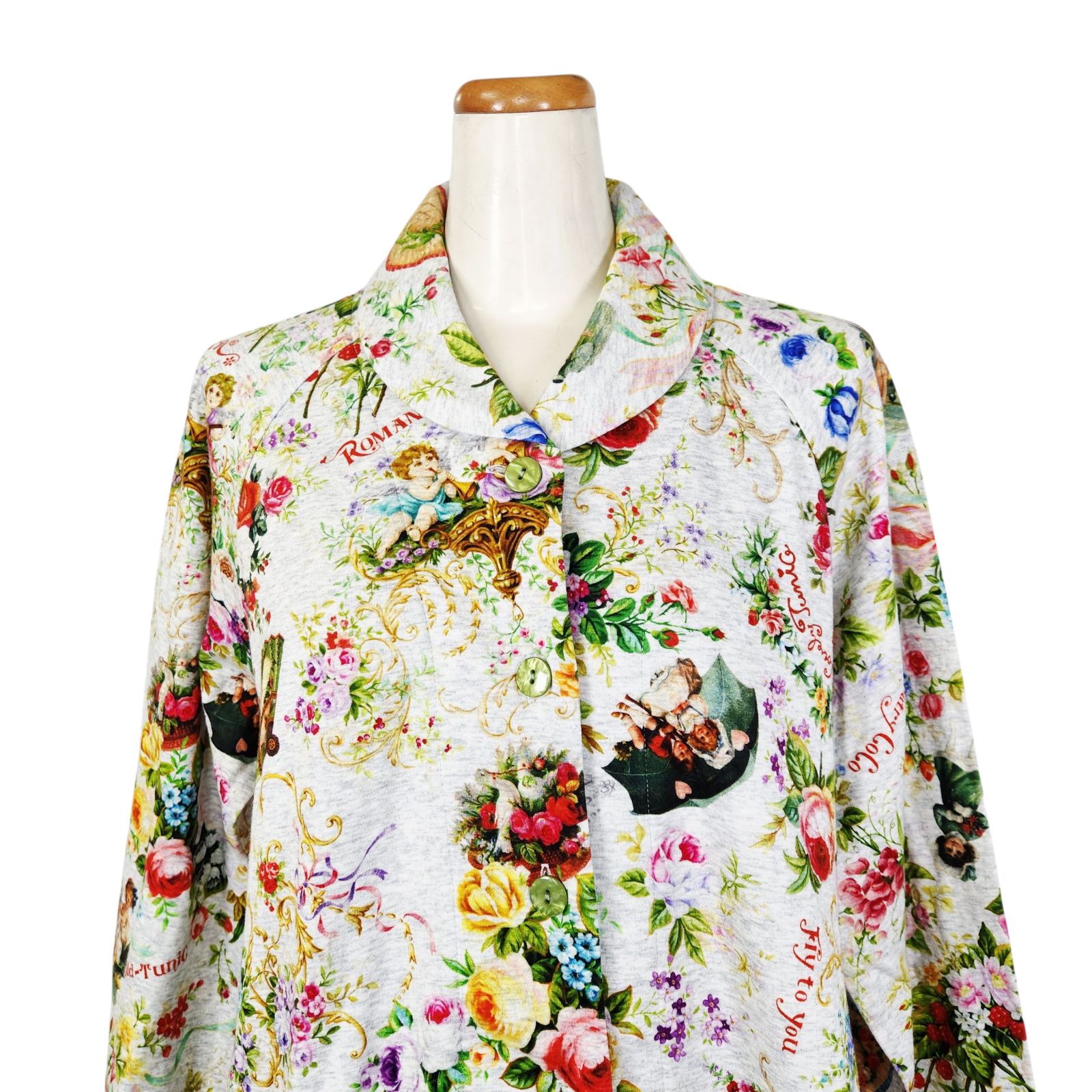 鴨居羊子パジャマ ♥ TUNIC 秋物 襟付き全開長袖パジャマ 40接結ローズエンジェル 29336 グレー色