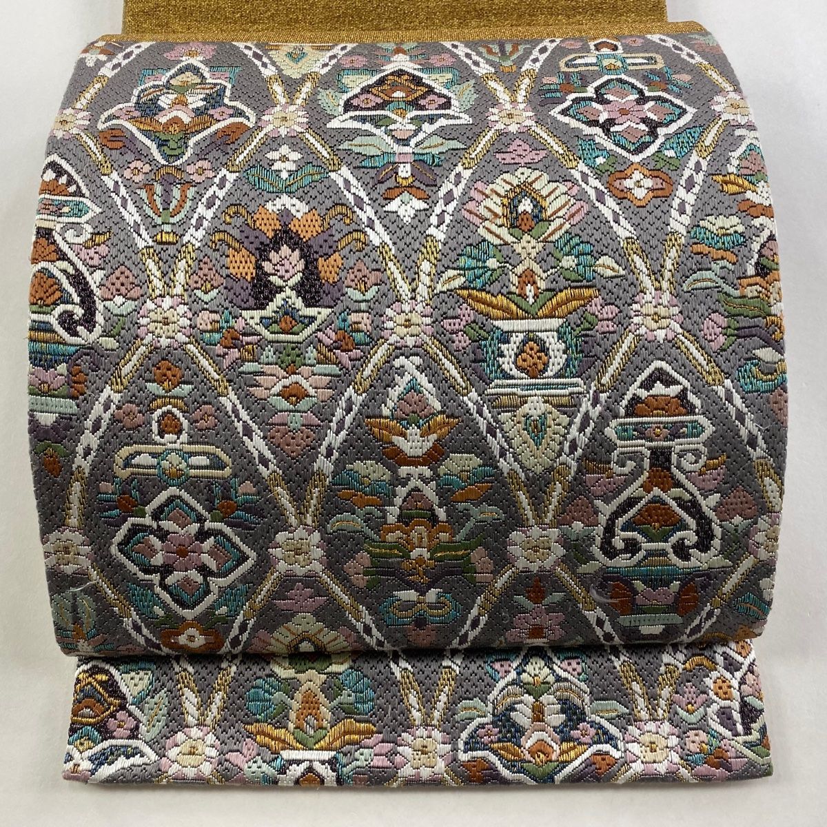 袋帯 秀品 草花 幾何学模様 刺繍 金銀糸 灰色 お太鼓柄 正絹
