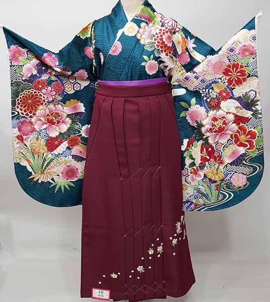 二尺袖 着物 袴フルセット ジュニア用へ直し 135cm～150cm From KYOTO 青緑色 袴変更可能 NO41460-02