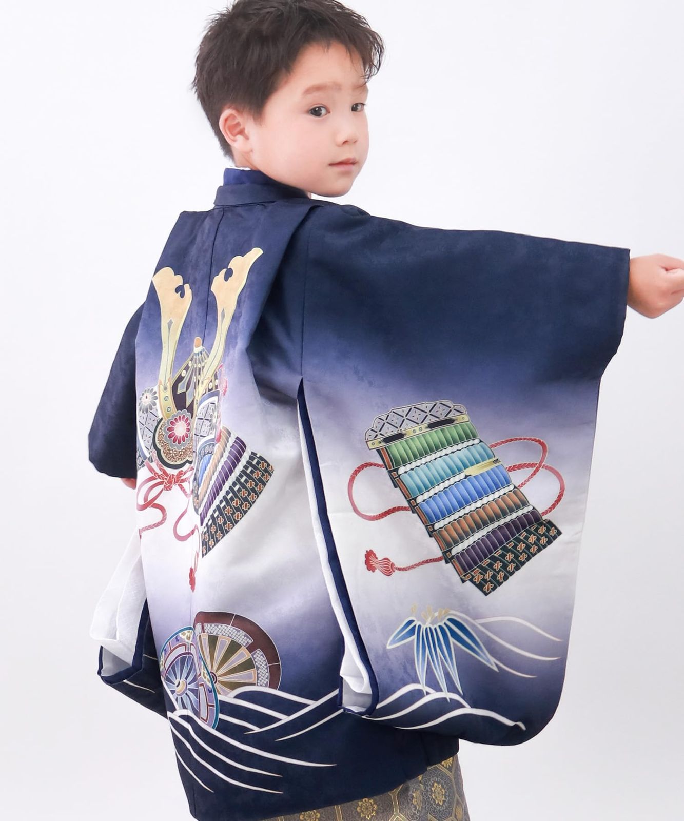 KYOETSU キョウエツ 七五三 5歳 男の子 着物 セット 羽織 袴 フルセット 753 絵羽 A 14 兜-紺 藍鼠