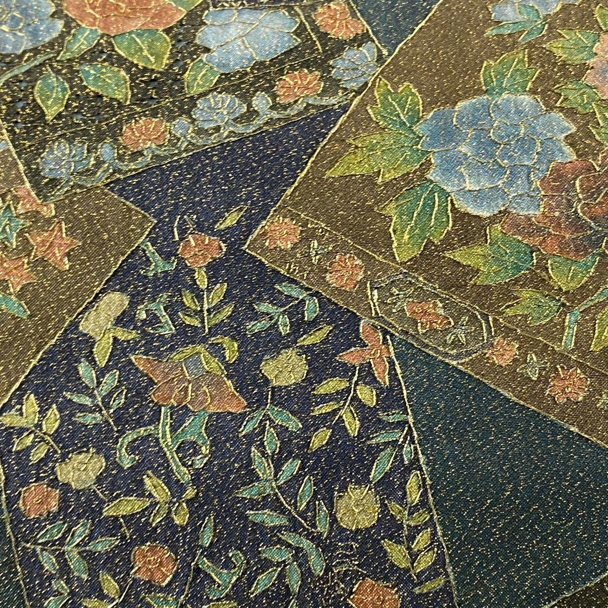 袋帯 美品 逸品 草花 色紙 金糸 汕頭刺繍 緑 全通 正絹 【中古