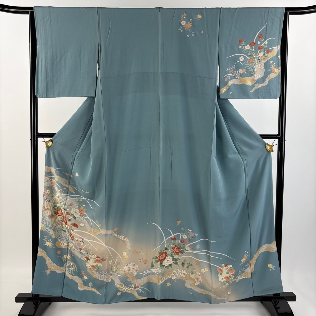 訪問着 身丈158cm 裄丈64cm M 袷 花籠 花丸文 金彩 染め分け 青