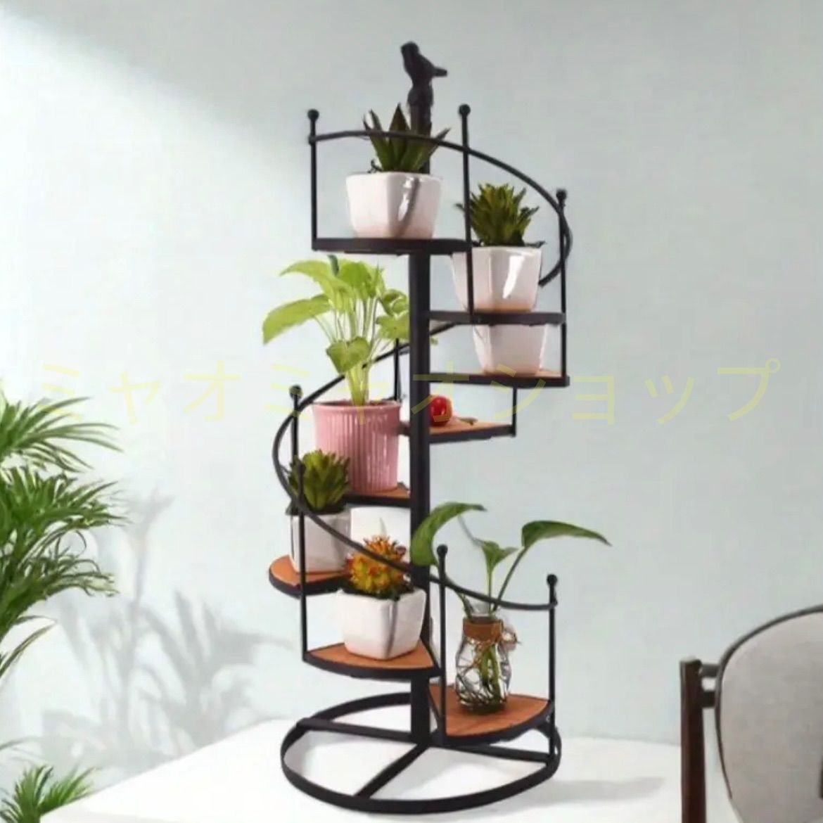 フラワースタンド ガーデンラック ヴィンテージ スパイラル 錬鉄＆木製はしごプランター バルコニー リビングルーム 庭用 多段式フラワーポットスタンド 屋内 屋外 多肉植物 サボテンシェルフバルコニー フラワーポットスタンド お洒落 螺旋状 YUZUMIYA_COM