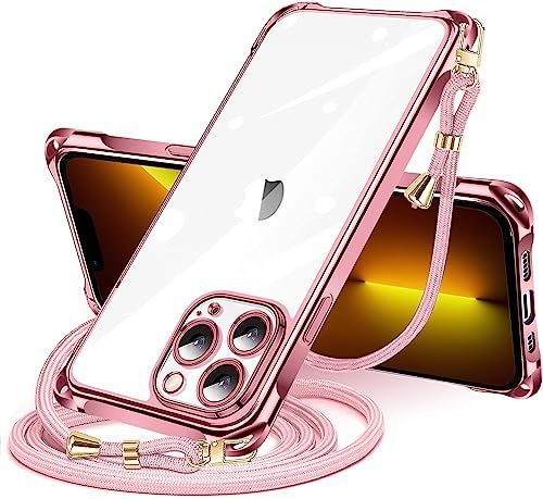 iPhone 13 Pro Max_ローズゴールド iPhone 13 Pro Max 用 ケース クリア ショルダー iphone13pro max スマホケース アイフォン13ProMax カバー 肩掛け 斜めかけ 縄掛けケース 透明 TPU 薄型 軽量