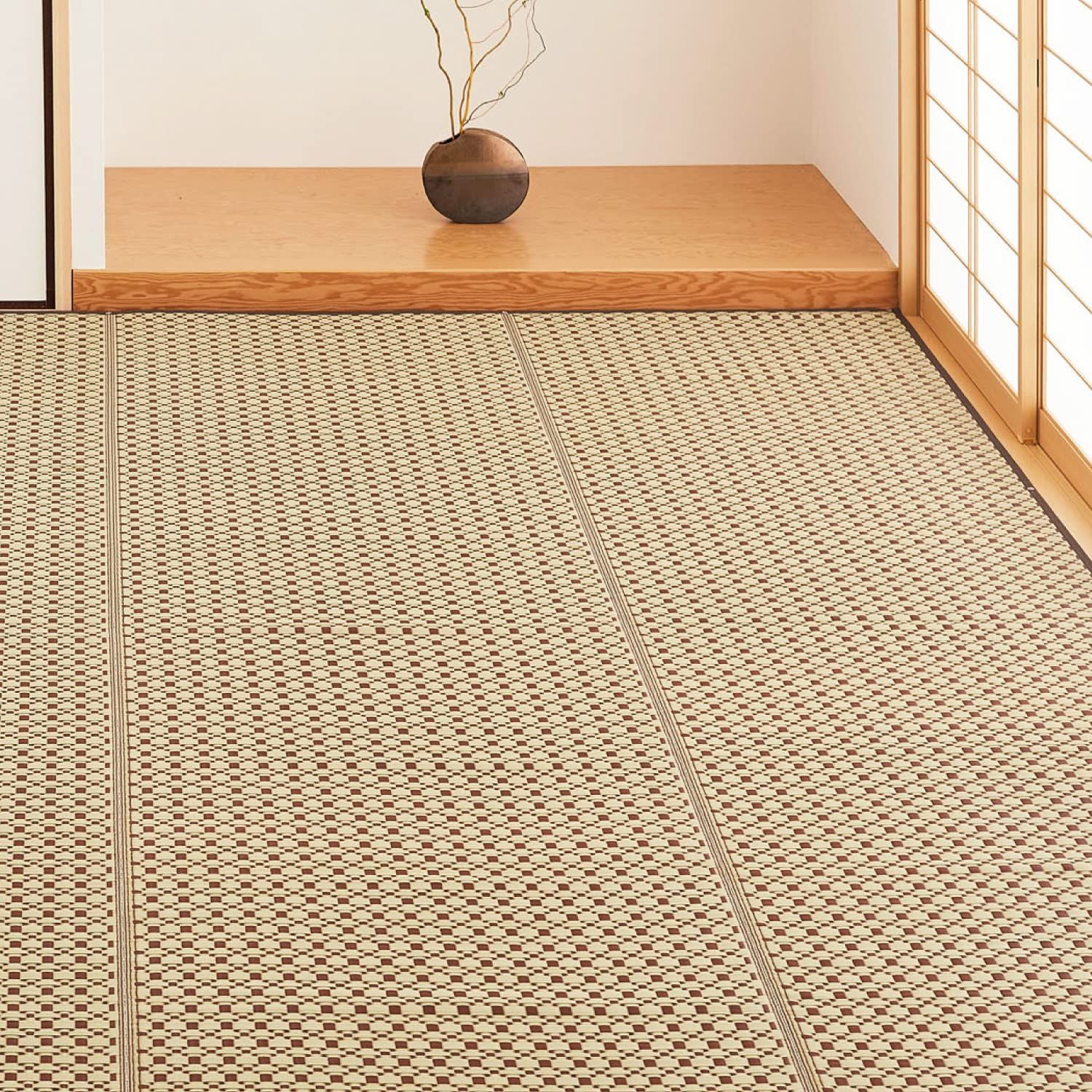 ブラウン 江戸間6畳 約261X352cm い草風カーペット 「ルイス」 ラグ 洗える 花ござ 和モダン 萩原 ペット 保護