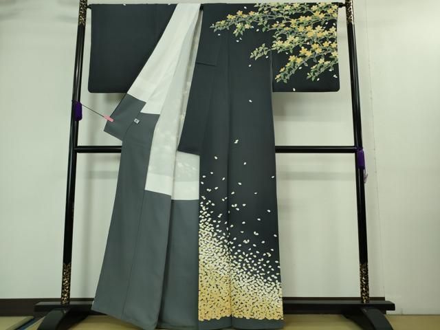 平和屋本店□極上 名門染元 秀美 十日町友禅 龍谷 訪問着 枝桜 花弁 藍