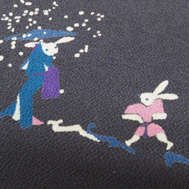 名古屋帯　縮緬　正絹　うさぎ　えんじ色 古布＊正絹錦紗縮緬＊梅・笹・舞う童子・春駒＊33x148cm
