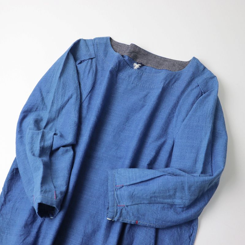 45R 藍染めカディシャツダックのドレス ワンピース 45Rインドカディ