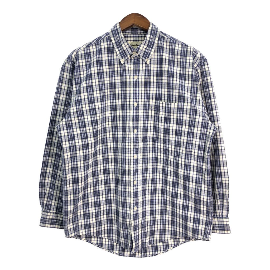 90年代 Eddie Bauer エディーバウアー ボタンダウン 長袖シャツ アウトドア チェック ブルー (メンズ M) 中古 古着 R7394