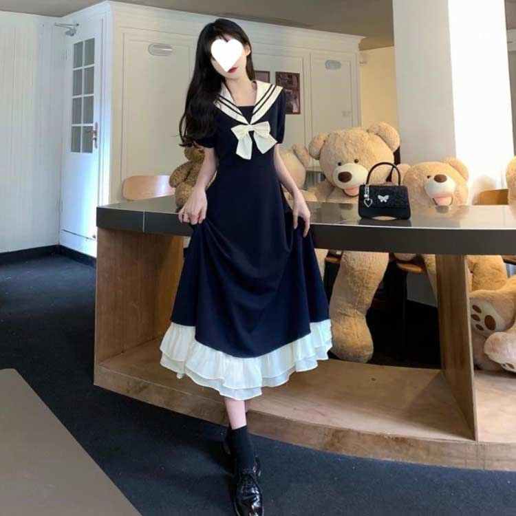 ワンピース 切り替え Aライン フレアスカート 半袖 ロング丈 ワンピース セーラー襟 切り替え 夏 ワンピース jk Aライン