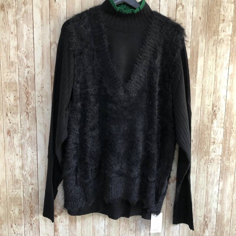 タ espace de calma エスパスデカルマ シャギーベスト-インナー ネック ニットアンサンブル ブラック 3 L