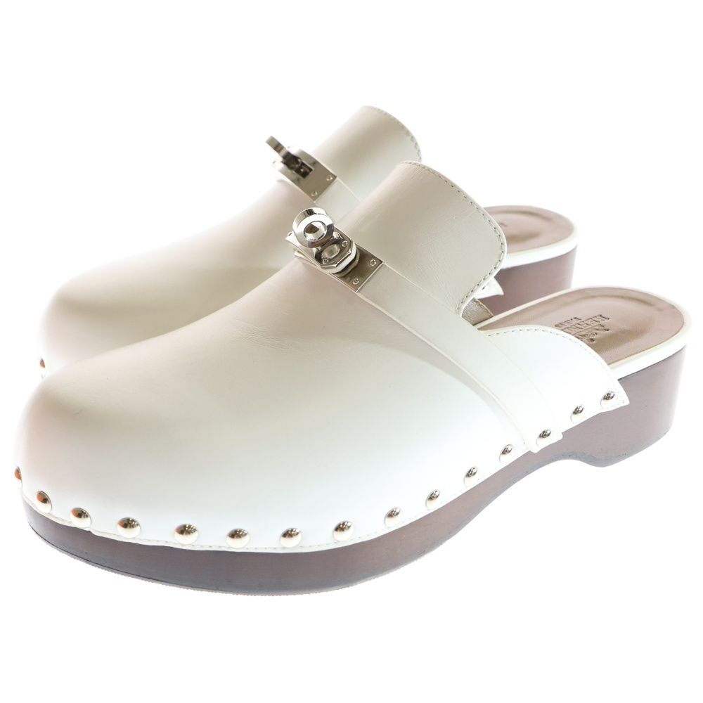 HERMES エルメス カルロッタ ケリー レザー サボ サンダル ローカットシューズ ミュール シルバー金具 ホワイト レディース