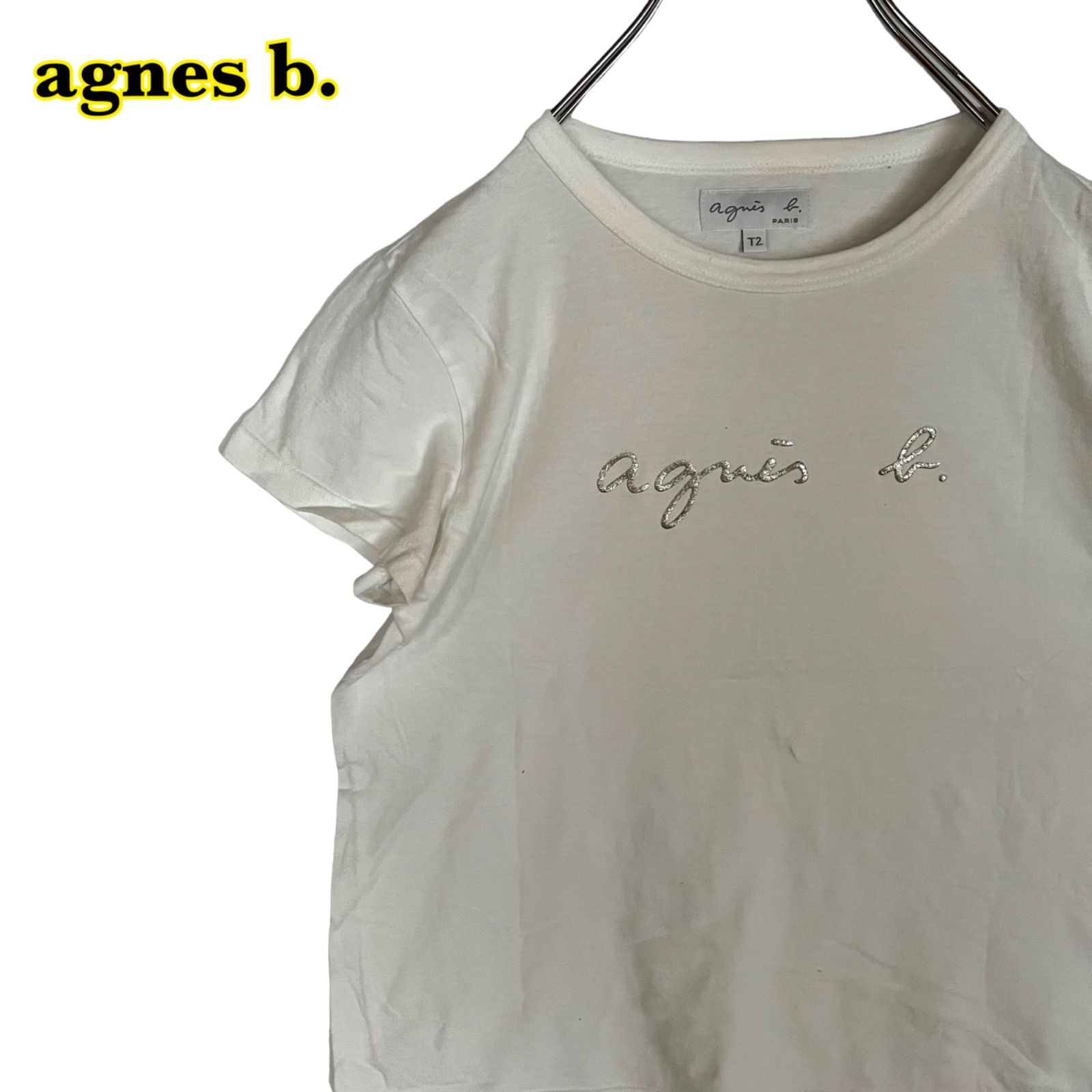 agnes b. アニエスベー　半袖Tシャツ　ロゴ刺繍　白　T2サイズ