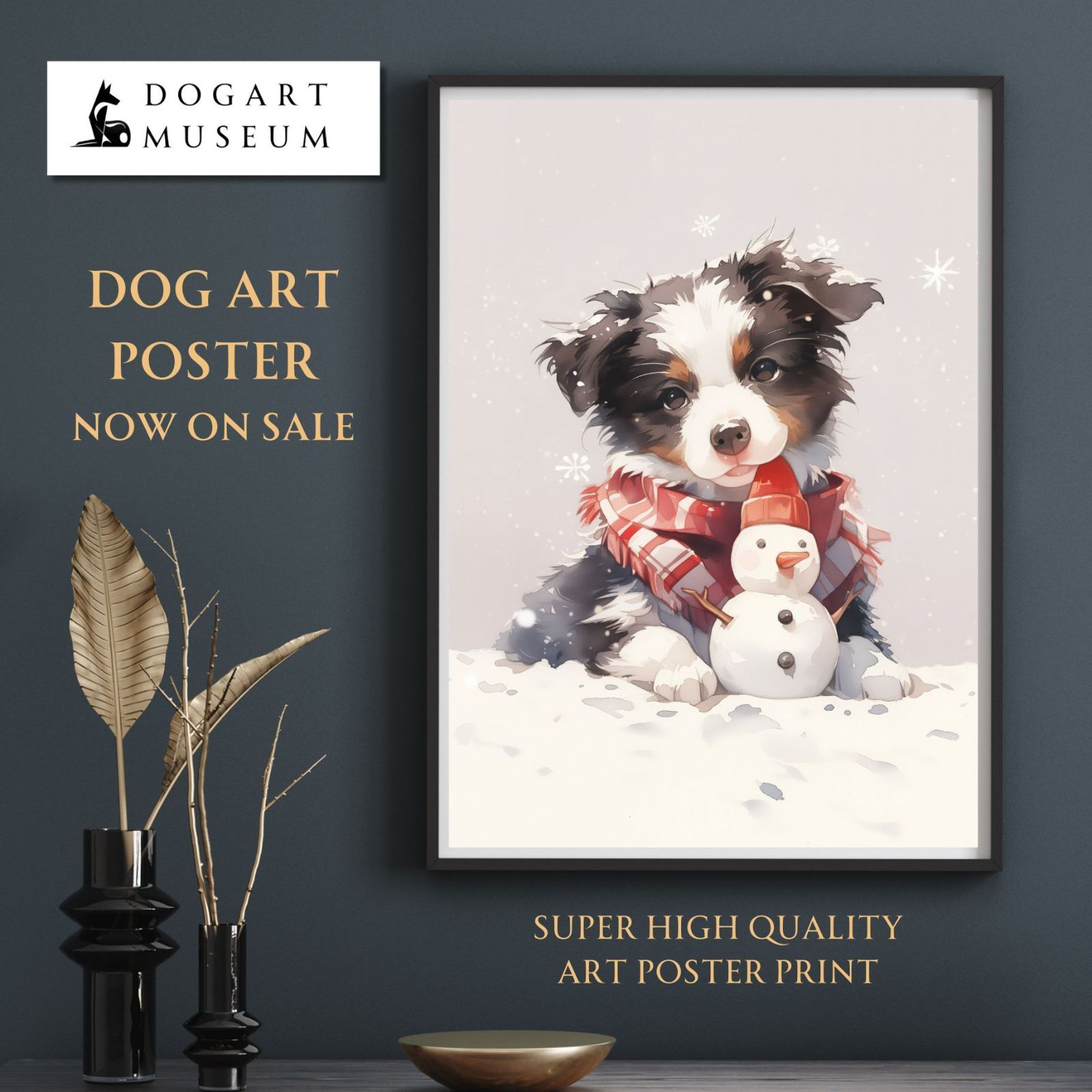 雪犬戯舞 - ボーダーコリー犬 No.2】クリスマス・冬・雪だるま・子犬・ペットロス・うちの子・記念日・アートポスター・犬の絵・犬のイラスト・ギフト・プレゼント  クリスマス 飾り 名前, image size:1600x1600