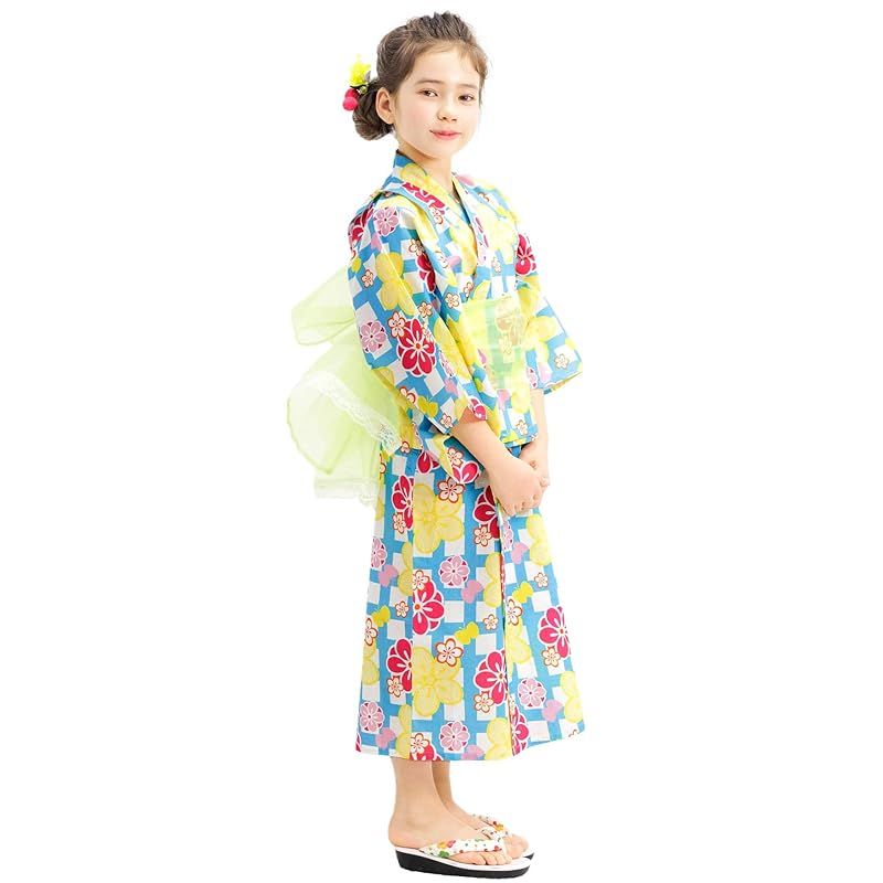 [Bee] ビー 浴衣3点セット ガールズ 女の子 キッズ 夏 ストライプ 格子 金魚 シャーリング 簡単 花火大会 祭り say00004 130cm ライトブルー格子×カラフル花