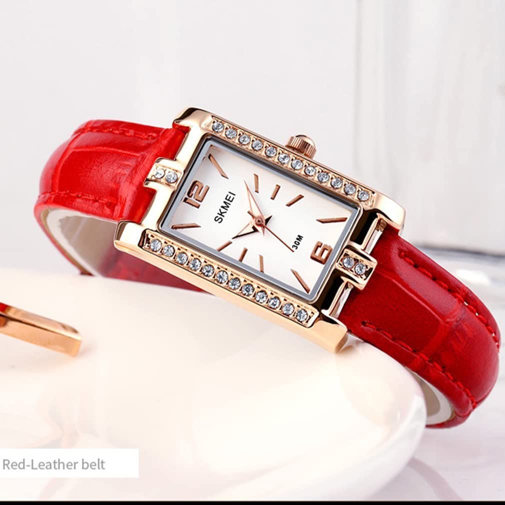 【数量限定】小さい おしゃれ うで時計 防水 シンプル 革ベルト クオーツ アナログ ビジネス スクエア ブランド かわいい ダイヤモンド カジュアル れでいーす 女性用 レディース 時計 高級 腕時計 プレゼント レッド