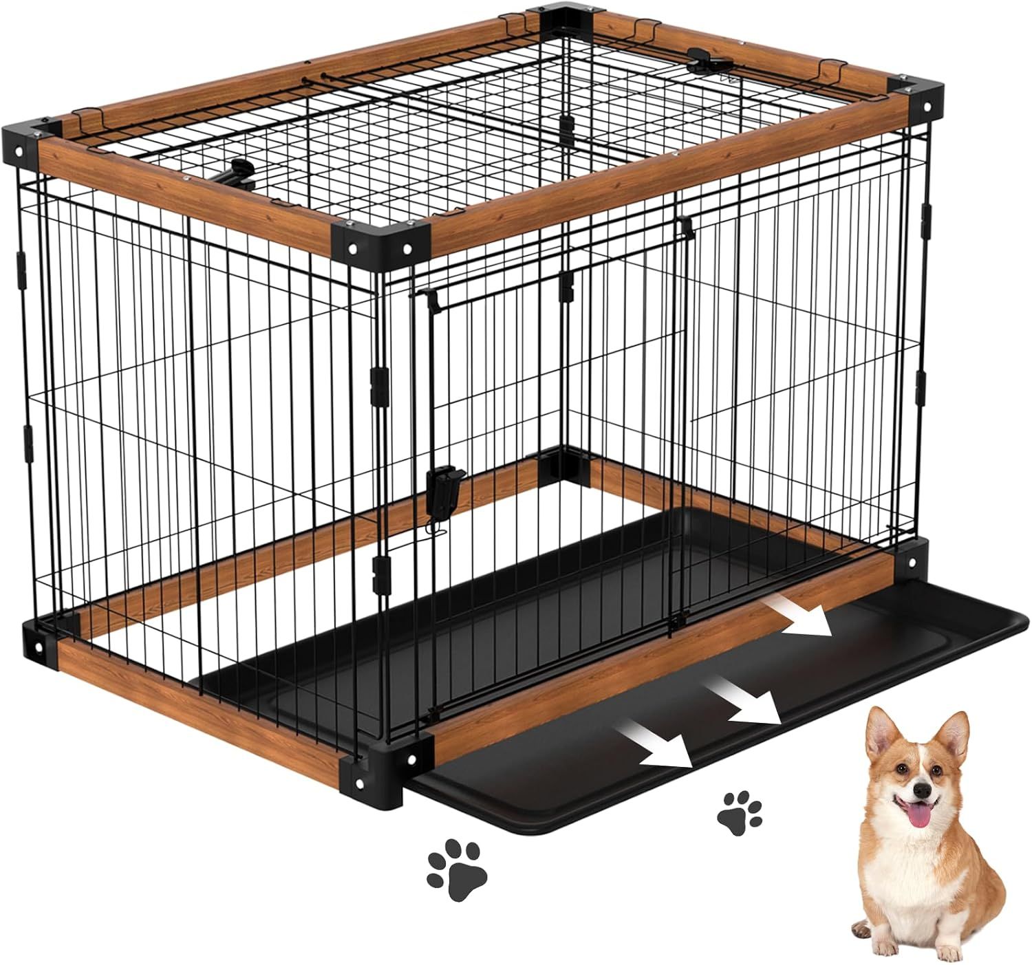 TSAYAWA 犬ケージ 犬サークル 中小型犬用 ペットサークル 屋根付き トレー付き ブラウン 幅77x奥行55x高さ60cm