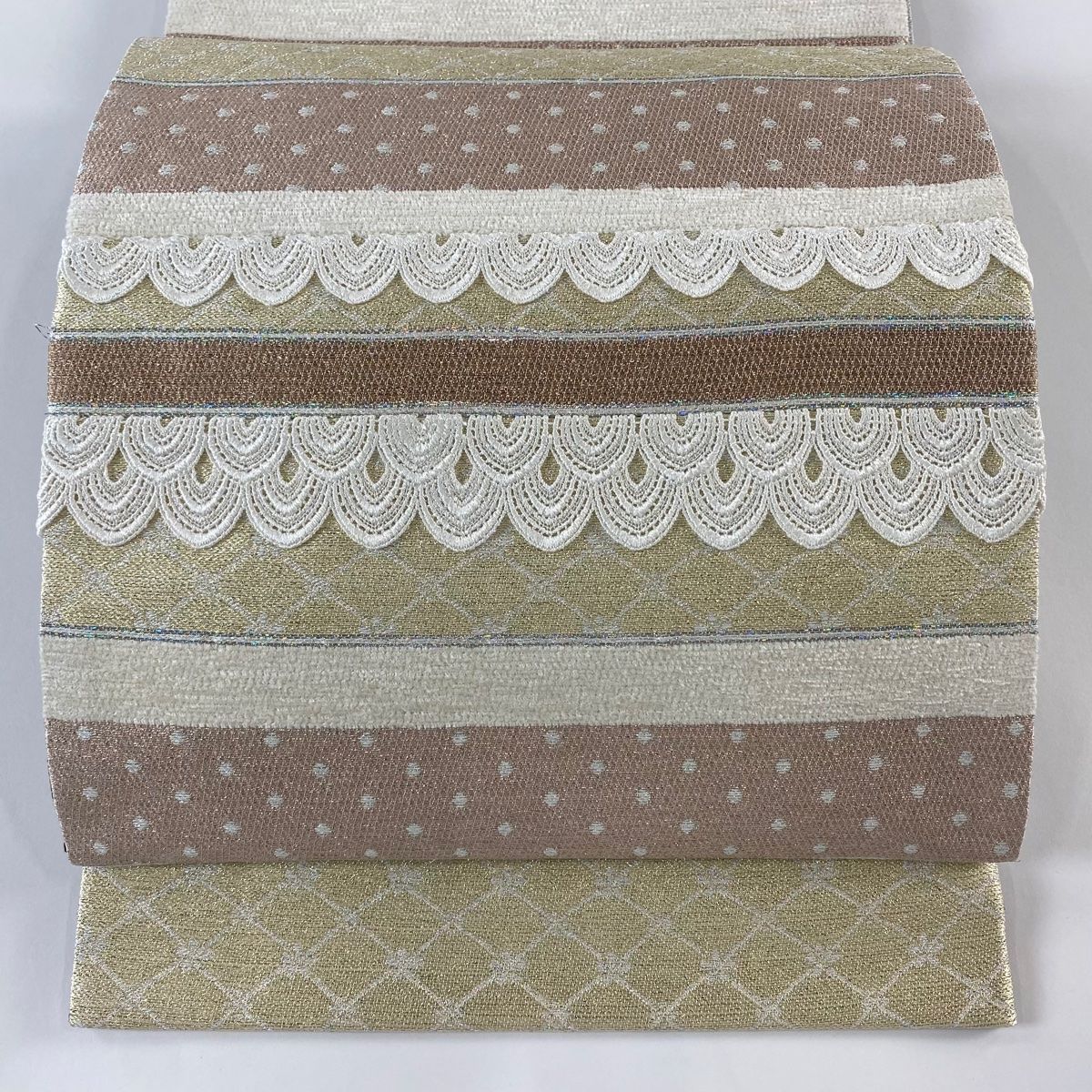 中古美品 レース柄袋帯 袋帯 美品 秀品 やまと 段縞模様 水玉模様 レース 箔 ベージュ