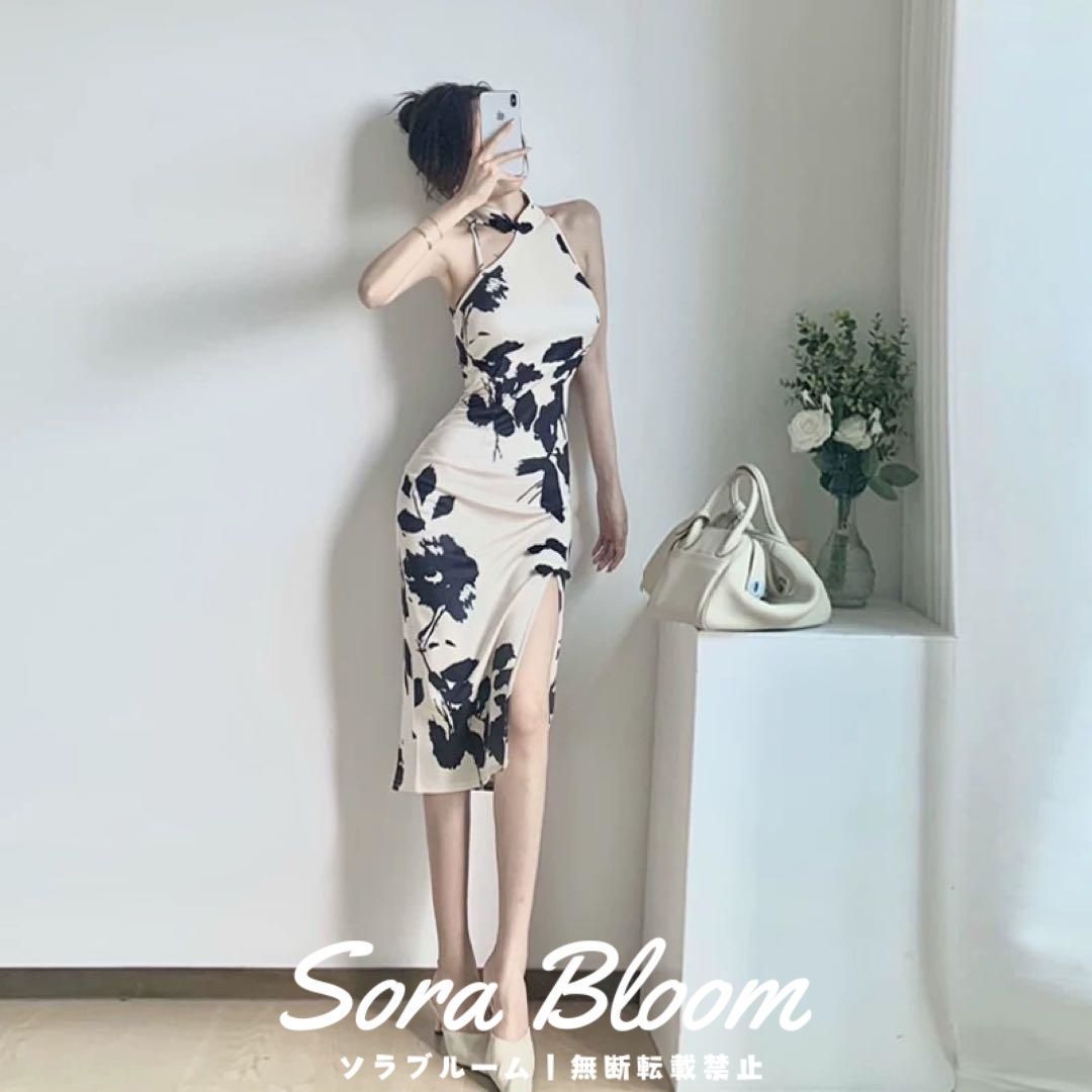 大人気❤️モノトーン花柄タイトドレス　ひざ丈　パーティーシーンに最適 大人気??モノトーン花柄タイトドレス ひざ丈 パーティーシーンに