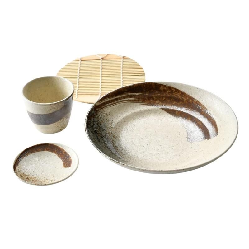 セトモノホンポ 志野サビ刷毛そば4点セット【蕎麦猪口】【そば皿